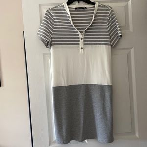 White and grey, size small, patterned t-shirt dress.